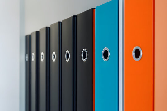 Colorful office file folders neatly arranged in a row with orange, blue, and black designs, perfect for organizing documents, office decor, and professional storage solutions