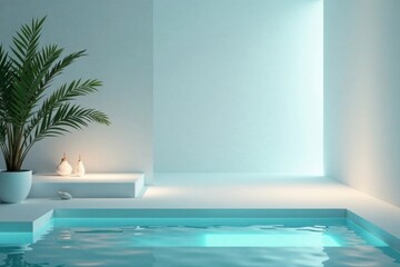 Fototapeta premium Serene Minimalist Poolside Oasis Tranquil Aqua Waters, Palm Plant, and Decorative Vessels on a White Platform