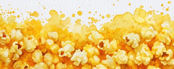 A vibrant, yellow-hued illustration of popcorn, with splashes of color, evoking a fun and appetizing snack experience.