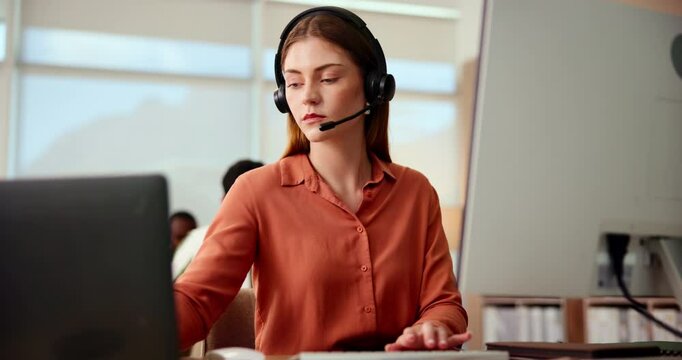 Call center, businesswoman and typing with computer for agent, customer information and telemarketing. Office, headset and sales representative with laptop for client report, research review or faq