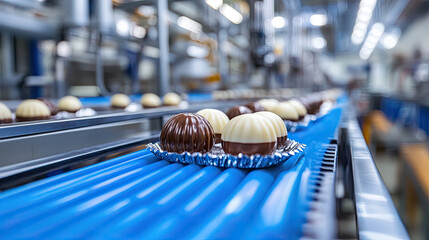 Obraz premium Chocolate Balls on Production Line with One Red Candy Among Them