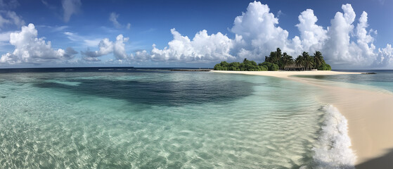 The sky is a clear blue with fluffy clouds, creating a serene atmosphere