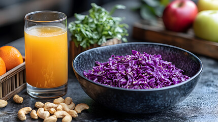 Fresh orange juice accompanies the purple vegetable salad