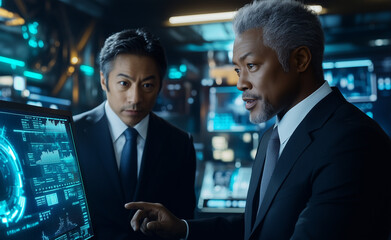 Two businessmen in suits, one Asian and the other a Black male with gray hair, are looking at digital charts on a computer screen while talking to each other inside an office room filled with futurist