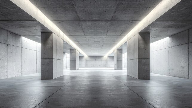 A minimalist underground parking garage with smooth concrete walls and floors.