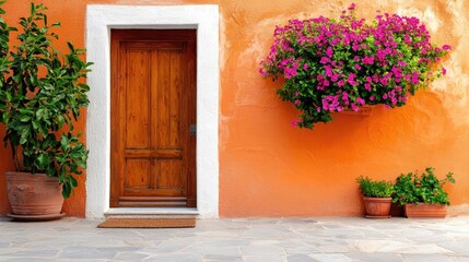 Orange wall, wooden door, flowers, plants, courtyard