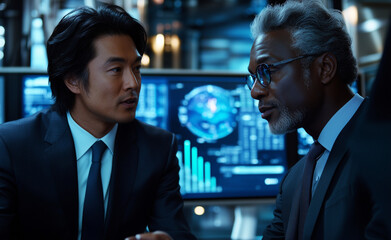 Two businessmen in suits, one Asian and the other a Black male with gray hair, are looking at digital charts on a computer screen while talking to each other inside an office room filled with futurist
