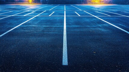A large, empty parking lot illuminated by flickering fluorescent lights.