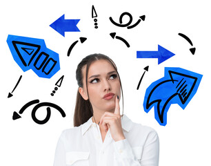 Woman in white shirt thinking, surrounded by blue arrows and doodles, isolated on white background....