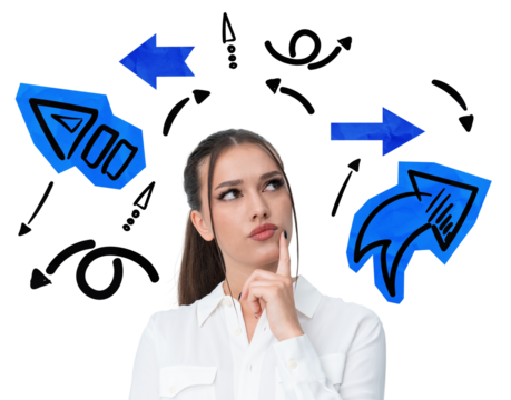 Woman in white shirt thinking, surrounded by blue arrows and doodles, isolated on white background. Concept of decision-making, choices, and strategy - Powered by Adobe