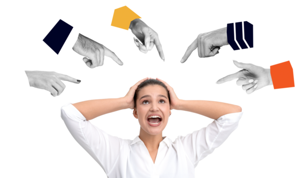Young woman in white shirt holding her head in stress while several hands point at her accusingly. Isolated on white background, concept of blame and pressure