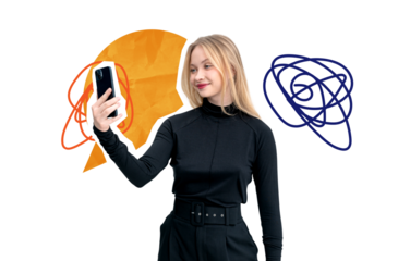 Young woman inoutfit taking selfie with smartphone, isolated on white background with abstract scribbles in orange and blue. Concept of social media