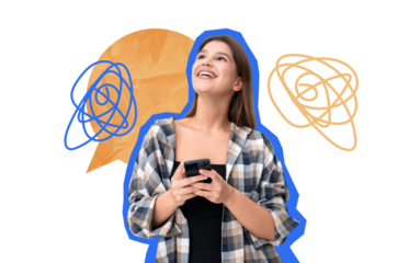 Happy young woman in plaid shirt holding smartphone, looking up with a smile. Abstract doodles and speech bubble in background. Concept of communication