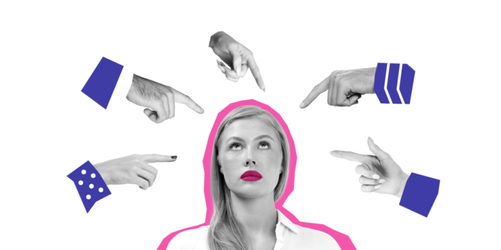 Woman with pink outline and lips looks up as multiple hands with blue sleeves point at her on a white background. Concept of blame, social pressure, and accusation