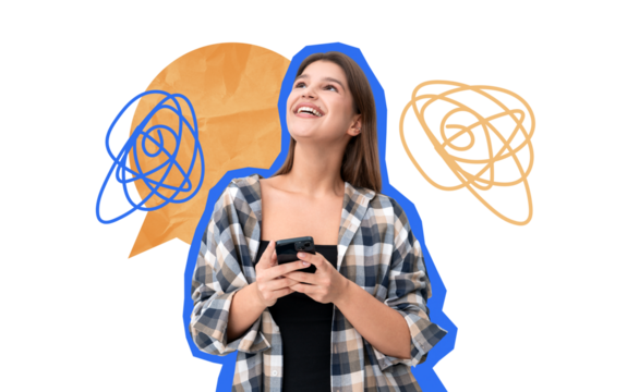 Happy young woman in plaid shirt holding smartphone, looking up with a smile. Abstract doodles and speech bubble in background. Concept of communication