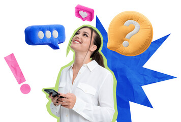 Young woman in white shirt holding smartphone, surrounded by colorful speech bubbles and...