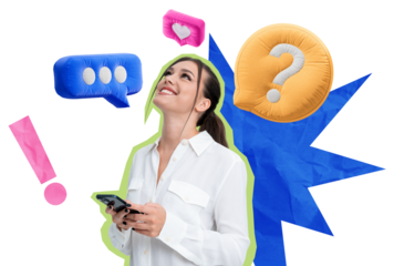 Young woman in white shirt holding smartphone, surrounded by colorful speech bubbles and punctuation marks, isolated on white. Concept of digital communication