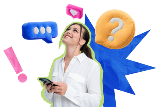 Young woman in white shirt holding smartphone, surrounded by colorful speech bubbles and punctuation marks, isolated on white. Concept of digital communication