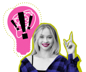 A cheerful woman in a blue plaid shirt with a pink light bulb and exclamation marks behind her, outlined in yellow, on a white background, symbolizing creativity