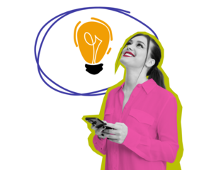 Woman in pink shirt holding smartphone, looking up with a smile. Light bulb sketch in a thought bubble above her head. White background, creativity concept