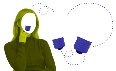 Faceless woman with a lightbulb socket in place of her mouth, symbolizing creativity and ideas. Abstract artistic concept on a white background