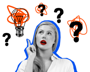 Woman in modern collage with red lips and blue outline, surrounded by question marks and a lightbulb on white background, symbolizing creativity