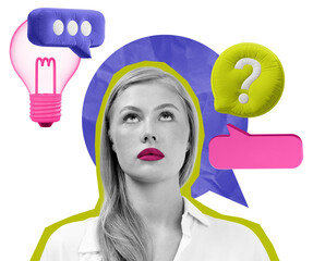 A woman in a white shirt looks up thoughtfully, surrounded by colorful speech bubbles, a lightbulb,...