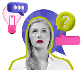A woman in a white shirt looks up thoughtfully, surrounded by colorful speech bubbles, a lightbulb, and a question mark on a white background. Concept of ideas