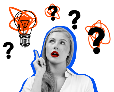 Woman in modern collage with red lips and blue outline, surrounded by question marks and a lightbulb on white background, symbolizing creativity