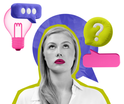 A woman in a white shirt looks up thoughtfully, surrounded by colorful speech bubbles, a lightbulb, and a question mark on a white background. Concept of ideas - Powered by Adobe