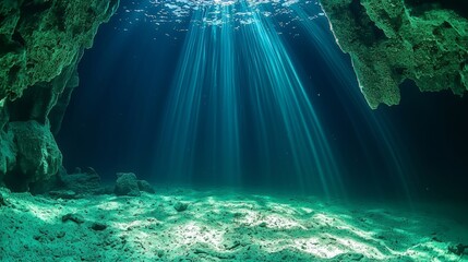 Obraz premium Underwater Cave with Sunbeams, Mysterious and Serene Deep Ocean Scene