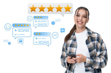 Smiling woman holding smartphone with five-star rating and customer feedback icons floating around. Online review and service evaluation concept on white background