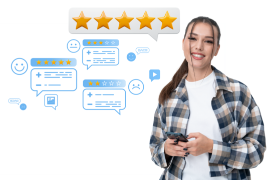 Smiling woman holding smartphone with five-star rating and customer feedback icons floating around. Online review and service evaluation concept on white background