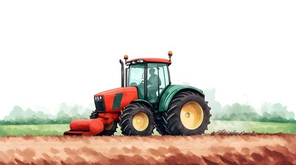 Obraz premium Efficient and Sustainable Agricultural Machinery Tending to Lush Farmland in Watercolor Landscape