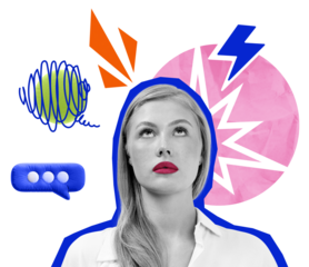 Woman with red lips looking up, surrounded by abstract colorful symbols like speech bubbles, scribbles, and lightning bolts, on a white background. Concept of stress