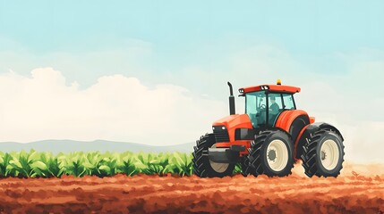 Obraz premium Efficient Tractor Cultivates Sustainable Farmland in Watercolor Landscape