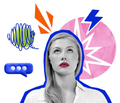 Woman with red lips looking up, surrounded by abstract colorful symbols like speech bubbles, scribbles, and lightning bolts, on a white background. Concept of stress