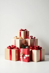 Obraz premium A Festive Stack of Presents with Red and Cream Ribbons and Bows