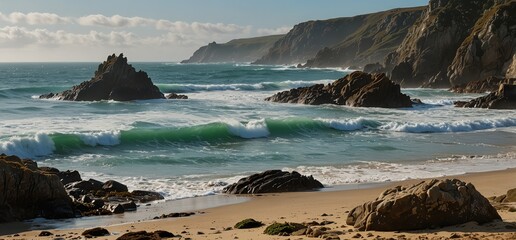Cornwall shoreline with seals lounging, wild cliffs and ocean surf in the background.

