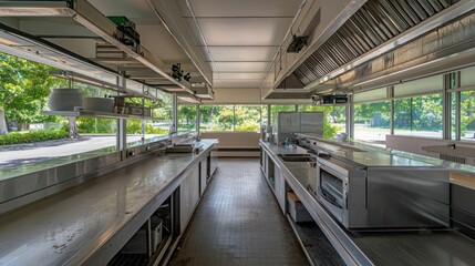 Obraz premium Empty Commercial Kitchen Interior With Stainless Steel Counters And Appliances