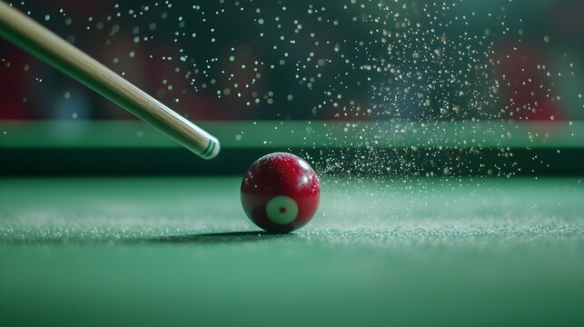 A red pool ball is on a green pool table