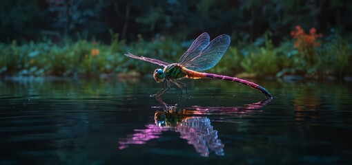 Neon dragonfly with fluorescent hues darts over a tranquil lake, lighting the water.

