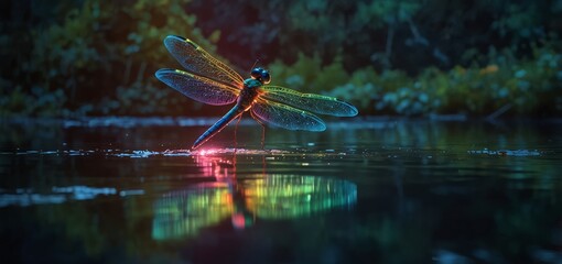 Glowing dragonfly skims a peaceful lake, its vibrant light shimmering on the surface.

