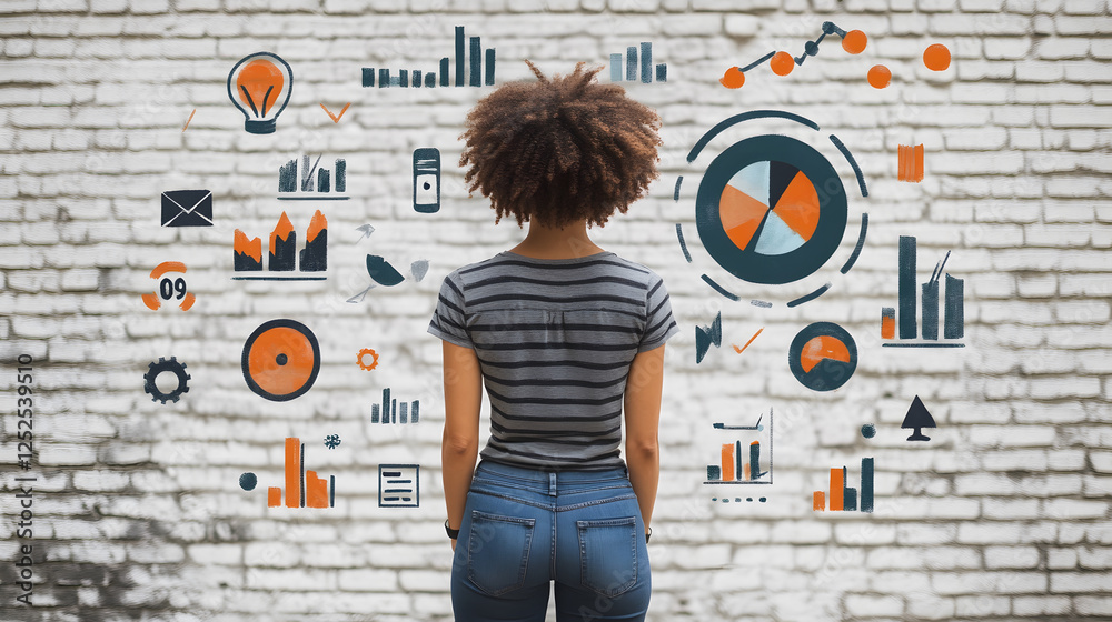 Poster a woman stands before a wall covered in colorful charts and graphs, symbolizing data analysis and bu