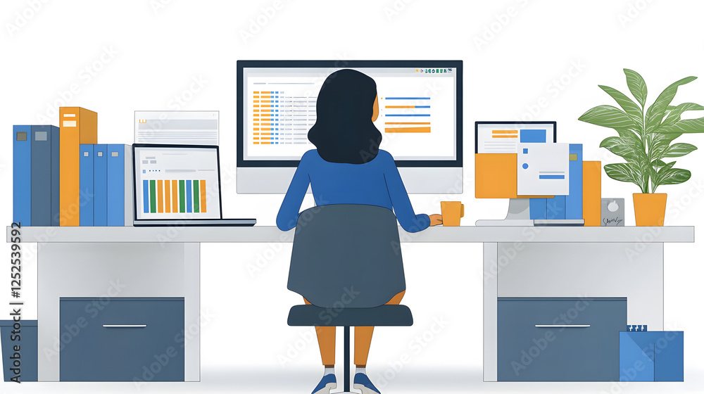 Poster A person working at a desk with multiple monitors, surrounded by files and a plant, focused on tasks in a modern office setting