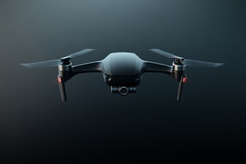 Modern flying drone front view, gradient dark background