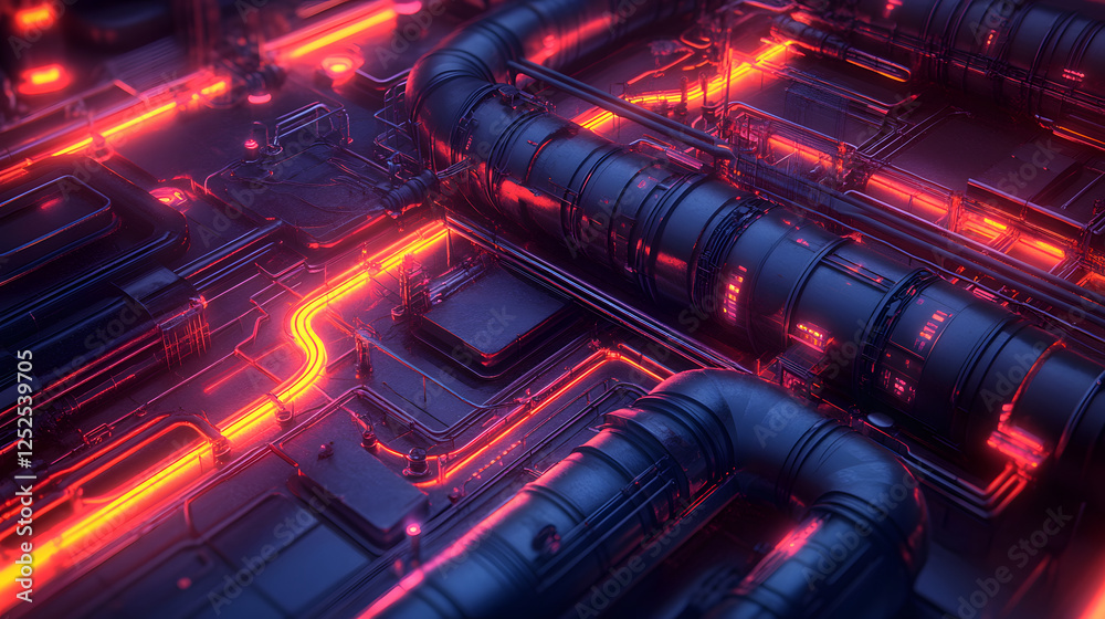 Poster a vibrant, futuristic view of interconnected pipes and glowing pathways in a high-tech environment, 