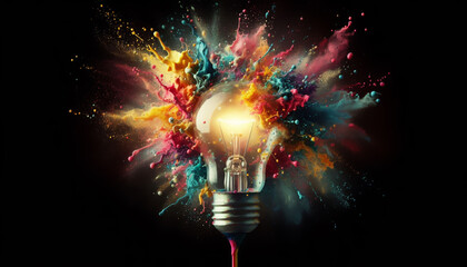 Creative light bulbs exploding with colorful sparkling and splashing colors on black background. Concept. Think different. Creativity.