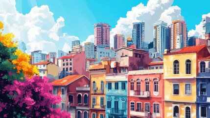 Fototapeta premium Vibrant Cityscape with Colorful Buildings and Lush Greenery.
