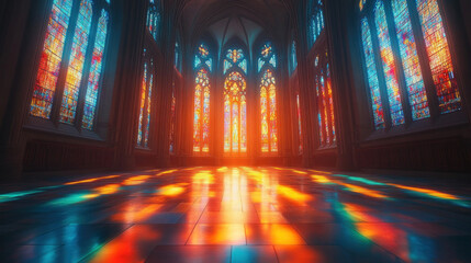 Obraz premium A cathedral interior illuminated by soft rainbow light filtering through stained glass windows